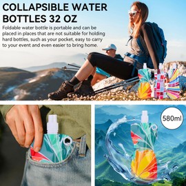 580ml Collapsible Water Bottles, Reusable Water Bottles 3 Pack Foldable Leakproof Drinking Water Bags with Clasp for Hiking, Camping, Backpackin