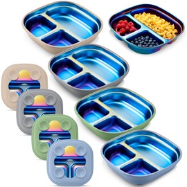 Geiserailie 4 Packs Stainless Steel Kids Plates with Silicone Sleeve Divided Suction Plates for Kids Toddler Tableware Divided Tray for Children Dishwasher Safe Feeding Supplies(Multicolor)