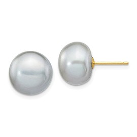 14K Yellow Gold 10-11mm Grey Button FW Cultured Pearl Stud Post Earrings
