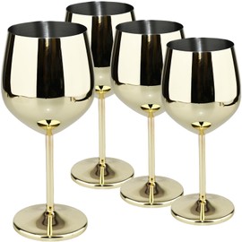 TJ Wine Glasses Stainless Steel Set of 4, Unbreakable Wine Glass 17oz, Wine Accessories Cool Wine Glass, Wine Goblets for Outdoor, Travel, House Warming, Valentines, Anniversary, Gold
