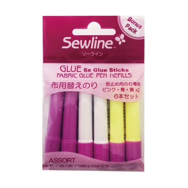 Sewline FAB50062 Refill for Textile Glue Stick, Water-Soluble, 6 Pieces: 2 x Blue; 2 x Yellow; 2 x Pink
