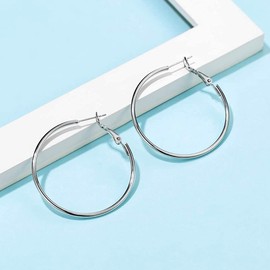 Josfeva Silver Hoop Earrings for Women, 925 Sterling Silver Large Hoops Earrings, Hypoallergenic Lightweight Round Earrings for Pierced Ears, Unisex Big Circle Silver Hoop Earrings, Size: 50mm
