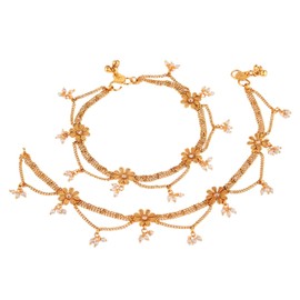 Efulgenz Indian Anklets for Women with Layered Chain Antique Gold Tone Boho Ankle Bracelet Pair Anklet Set with Faux Pearl Charms Payal Beach Barefoot Feet Jewelry for Women