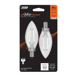 Feit Electric Exposed White Filament LED Bulbs, E12 Candelabra Base, 40W Equivalent (3.3W), 2700K SoftWhite, 300 Lumens, Dimmable, Clear Glass Torpedo Tip, 15,000-Hour Life, BPCTC40927CAWFIL/2, 2 Pack
