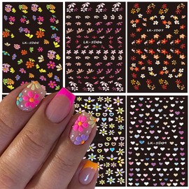 Flower Nail Art Sticker Decals 5D Embossed Colorful Daisy Design Nail Decals Self-Adhesive Nail Art Supplies White Yellow Heart Nail Art Sticker Decoration for Women Manicure Accessories Supplies