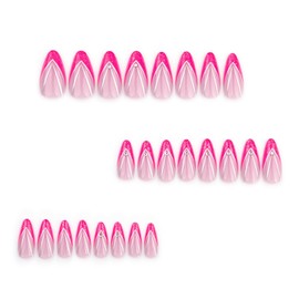 DOCVOEOMH Hot Pink Press on Nails Medium Almond Shaped French Fake Nails with Rhinestones Design Full Cover Glitter Glue ons Artificial False Stick on Acrylic Nail for Women Daily Wear 24PCS