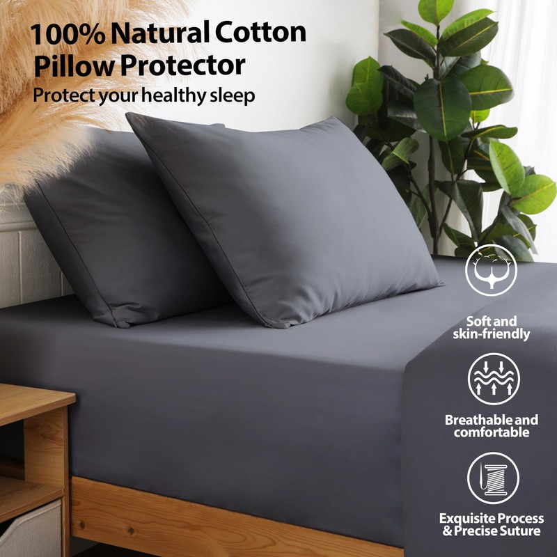 100% Cotton Classic Pillow Protectors with Invisible Zipper (Standard, 20"x26",