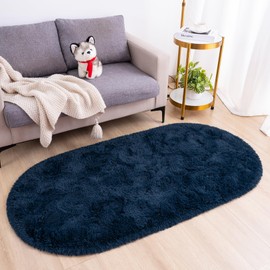 Goideal Fluffy Bedroom Rug, Oval Area Rug Shaggy Carpet 2.6 x 5.2 Feet Small Cute Rug for Dorm Kids Room Nursery Home Decor, Navy Blue