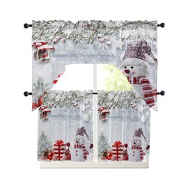 Xmas Snowman Swag Kitchen Curtain Sets with Valance, 3 Pieces Rod Pocket Curtain Drapes for Bedroom Living Room Bathroom Cafe Windows, Christmas Snowy Tree Branch 56''x36'' & 36''x27.5''x2Panels