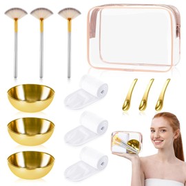 13 Esthetics Supplies 3 Gold Balls Stainless Steel Skincare Spatula Metal Facial Fan Brush White Headband Clear Cosmetic Bag with Zipper for Women / 13개의 에스테틱 용품 3개의 골드 볼 스테인리스 스틸 스킨케어 주걱 메탈 페이셜 팬 브러시 화이트 헤드밴드 클리어 화장품 가방 여성용 지퍼 포함