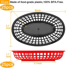 LOSYHU 50 Pack Fast Food Baskets, 9" x 5.7" Reusable Plastic Food Serving Baskets, Plastic Oval Food Baskets for Party Picnic BBQ Burger Fries Sandwiches, Black and Red