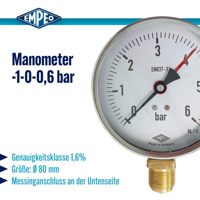 'Pressure Gauge NG80 1-0 0,6bar, Ø80 mm, G1/2 Below, Vacuum