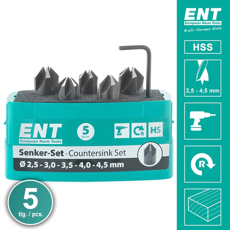 ENT 26518 5-Piece Countersink Set HSS, Diameter (d) 2.5-4.5 mm,