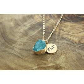 Sorority Shop KKG Necklace - Kappa Kappa Gamma Blue Druzy Gemstone Necklace With Engraved Pendant – 14K Gold Dipped Jewelry with Light Blue Gemstone – Sorority Gift, Charm Paraphernalia