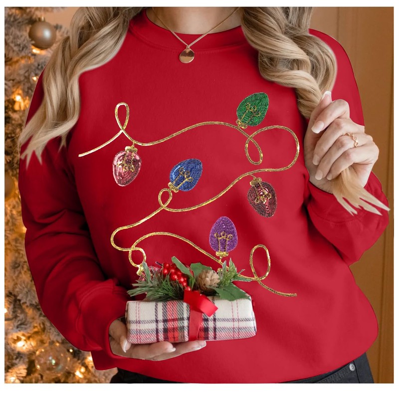 BANGELY Christmas Sequin Sweatshirt Women Christmas Light Sweatshirts Xmas Long