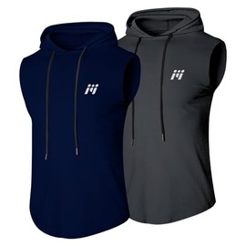 MEETWEE Men's Tank Top, Sports Shirt with Hood, Sleeveless Muscle Shirts, Fitness Sleeveless Shirt, Breathable Running Shirt, Underarm Shirts, Hoodie for Gym, Running, Training, Grey + blue