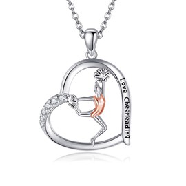 URONE Cheerleader Gifts 925 Sterling Silver Heart Cheerleading Pendant Necklace Sports Jewellery Gifts for Women Girls, Sterling Silver, No Gemstone