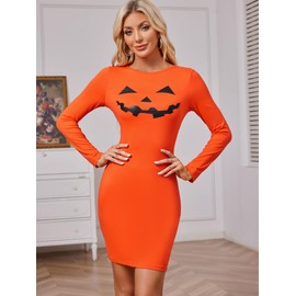 AXUIOKRY Pumpkin Costume Women Funny Long Sleeve Jack O Lantern Dancing Party Bodycon Dress Outfit AX03-2-S