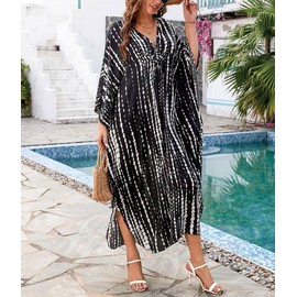MEILING Women's Kaftan Nightgown Long Caftans Beach Maxi Dress Bikini Swimsuit Bathing Suit Cover Up Swimwear (Black Tie-dye B)