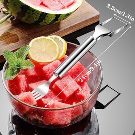 2-in-1 Stainless Steel Fruit Cutter, 2 Pcs Watermelon Fork Slicer Cutter, Dual Head Watermelon Cuber Cutting Tool Knife Summer Fruit Cutting Fork for Home Party Camping Kitchen Gadget