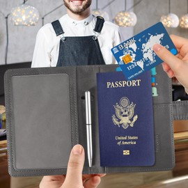 ACdream Passport and Vaccine Card Holder Combo, Cover Case with CDC Vaccination Card Slot, Leather Travel Documents Organizer Protector, with RFID Blocking, for Women and Men - Grey
