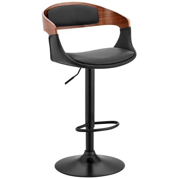 Armen Living Benson Adjustable Height Black Faux Leather and Walnut Wood Bar Stool with Black Base