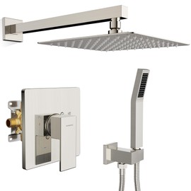 SR SUN RISE Shower Faucet Set & System - 10 Inch Rainfall Shower Head & Handle Set Wall Mounted Brushed Nickel Solid Brass Valve Trim Kit Included