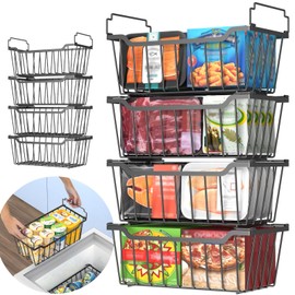 Goovilla Freezer Organizer Bins with Foldable Handle, 8 Pack Stackable Freezer Baskets for 3.5-7 Cu.FT Deep Chest Freezer Organization, Coated Metal Freezer Storage Bins with Better Space Utilization