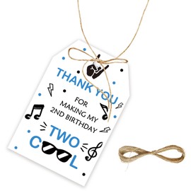 50pcs Two Cool Thank You Tags, 2nd Birthday Party Favors Gift Tag with String for Boy, Rock Music Thank You Paper Tags for Boys 2nd Birthday Party Favors