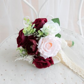 Udoula Wedding Bouquets for Bride Bridesmaid, Artificial Burgundy Blush Bride Flower Bouquet for Wedding Church Decoration Ceremony, Anniversary, etc, Roses Flowers