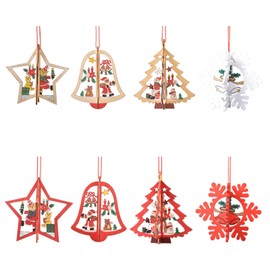 8 Pieces Christmas Tree Decorations Wooden Christmas Ornaments for Christmas Tree Hanging Charms 3D Hollow Wood Star, Snowflake, Bell Rustic Winter Ornament Holiday Decorations (8)