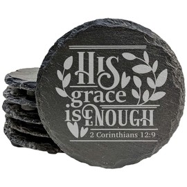 Faith and Hope: Laser Etched Inspirational Coasters: Finding Strength in Faith - "His Grace is Enough" - Round Slate - set of 4