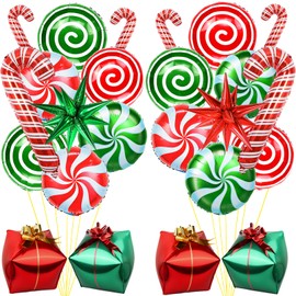 58Pcs Christmas Foil Balloons Decorations,Christmas Candy Cane Balloons Large Candy Gift Box Balloons Red Green Explosion Star Balloons Swirl Candy Mylar Balloons for Birthday Xmas Party Decorations