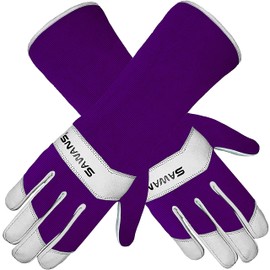 SAWANS Long Gardening Gloves Leather Ladies Men Women Durable Goatskin Garden Gloves Forearm Protection Thorn Proof Gardener Work Spandex Sleeves Rose Pruning Gift (Purple, M)