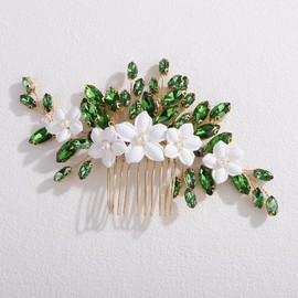 Teyglen Green Wedding Crystal Flower Hair Comb Floral Flower Headpiece Bridal Rhinestone Side Hair Comb Elegant Hair Jewelry Accessories for Women Wedding Party Prom(Green)