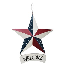 Metal Barn Star Welcome Sign Patriotic Wall Decor Hanging Americana Flag Door Hanger USA Stars Plaque for July of 4th Memorial Day Independence Day Indoor Outdoor Window wreath Decoration (C)