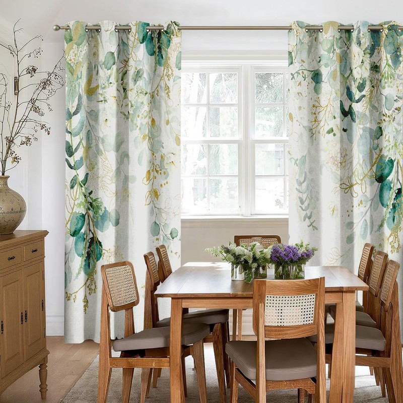 Sage Green Botanical Floral Curtains 100% Blackout Curtains 84Inch 2