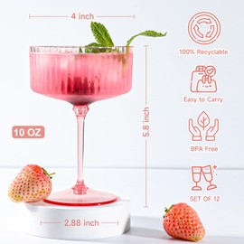12 Pcs Detachable Martini Glasses 10oz Plasitc Pink Ribbed Coupe Glasses Gold Rim With Pink Stem Vintage Cocktail Glassware Set Unique Martini Glass For Champagne Wine Wedding Anniversary Bar