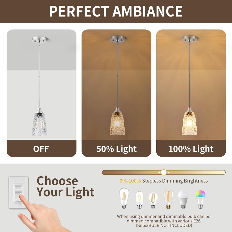 SADUENFR Brushed Nickel Pendant Lights Kitchen Island 2 Pack, Hammered