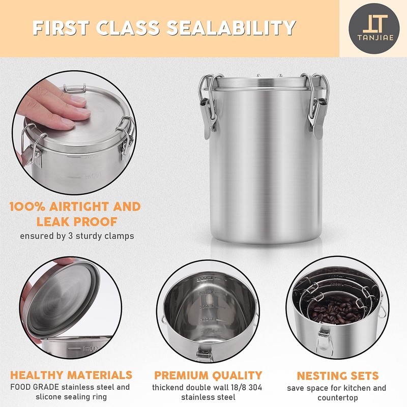 Tanjiae Compact Stainless Steel 100% Airtight Canisters Sets for Small