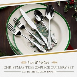 Portmeirion Christmas Tree Collection 20Piece Flatware Set 4 of Each: Dinner Fork, Salad Fork, Dinner Knife, Tablespoon, and Teaspoon Holiday Cutlery Dishwasher Safe