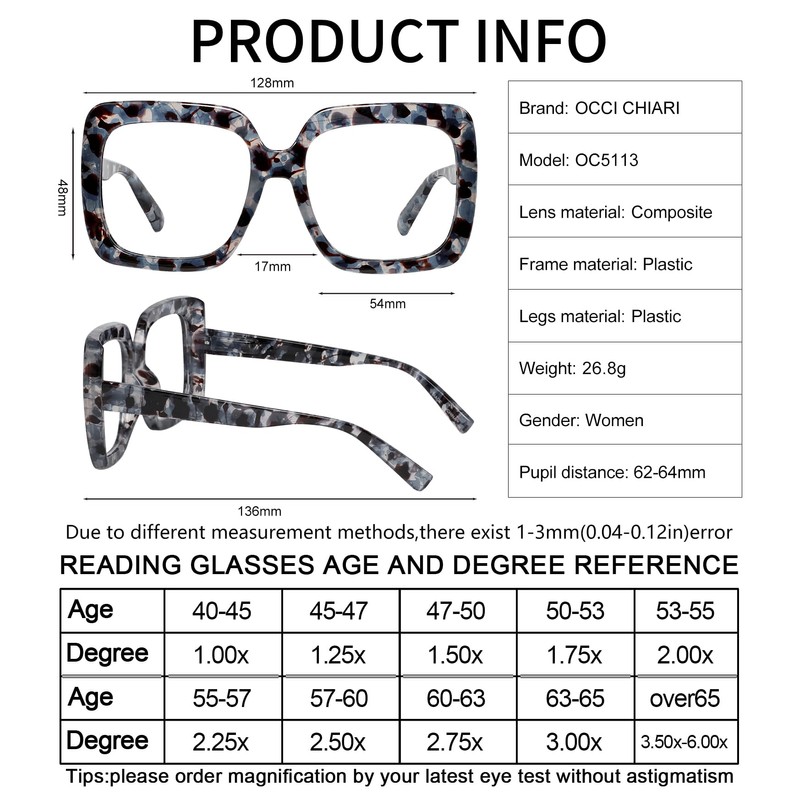 OCCI CHIARI Large Reading Glasses for Women 1.75 Trendy Square