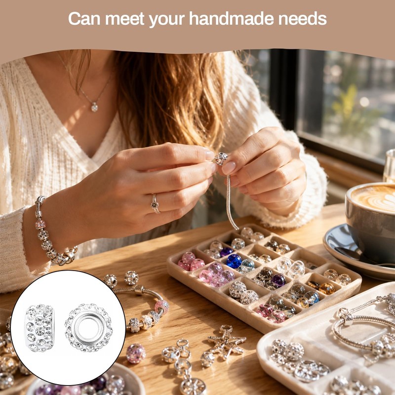 100PCS Rhinestone European Beads, Crystal and Polymer Clay Large Hole