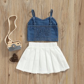Toddler Baby Girl Outfits Strap Crop Tank Top Pleated A line Skirt Set 2pcs Clothes (Blue White, 5-6 Years)
