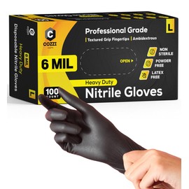 Cozzi Crafts Black Nitrile Gloves Large HEAVY DUTY 6 Mil Disposable Chemical Resistant for Cooking Food Safe Cleaning Tattoo, Latex Free