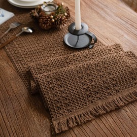Huierxun Macrame Hollow Table Runners with Tassels Farmhouse Cotton Linen Hand Woven Table Runner for Boho Dining Bedroom Decor Rustic Bridal Shower (Khaki,12" Wx79 L)