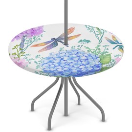 GzLeyigou Fitted Round Tablecloth with Umbrella Hole and Zipper Flowers Hydrangeas Outdoor Elastic Table Cloth 45"-56" Oil-Proof Waterproof Dragonflies Patio Table Cover for Picnic Party