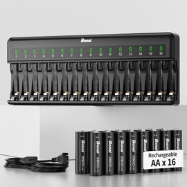 Bonai Rechargeable AA Batteries with Charger, 2800mAh High Capacity Pre-Charged Low Self-Discharge Leak Proof Double A Battery (16 Pack) & Smart Battery Charger with American AC Plug (16 Bay)