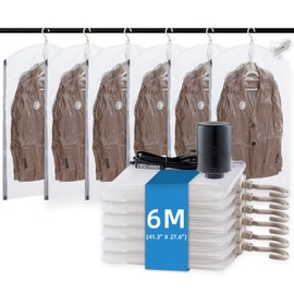 TAILI Hanging Vacuum Storage Bags with Electric Pump, Vacuum Seal Bags for Clothing Travel, Space Saver Closet Organizer for Clothes, Coats, Suits and Jackets, 6 Short(41.3x27.6 in)