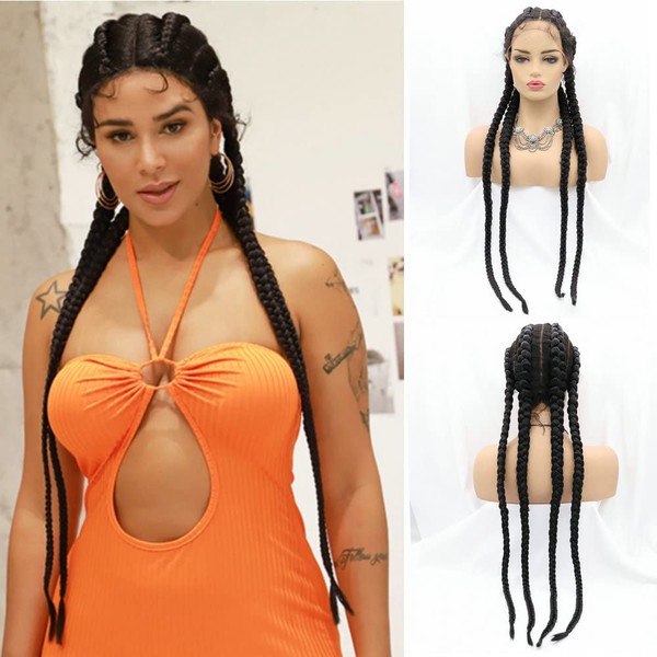 SereneWig Ladies Cosplay 4x Braided Wigs With Baby Hair Drag Queen Natural Black 2 Double Braided Wigs for Women Festival Party Long Braids Hair